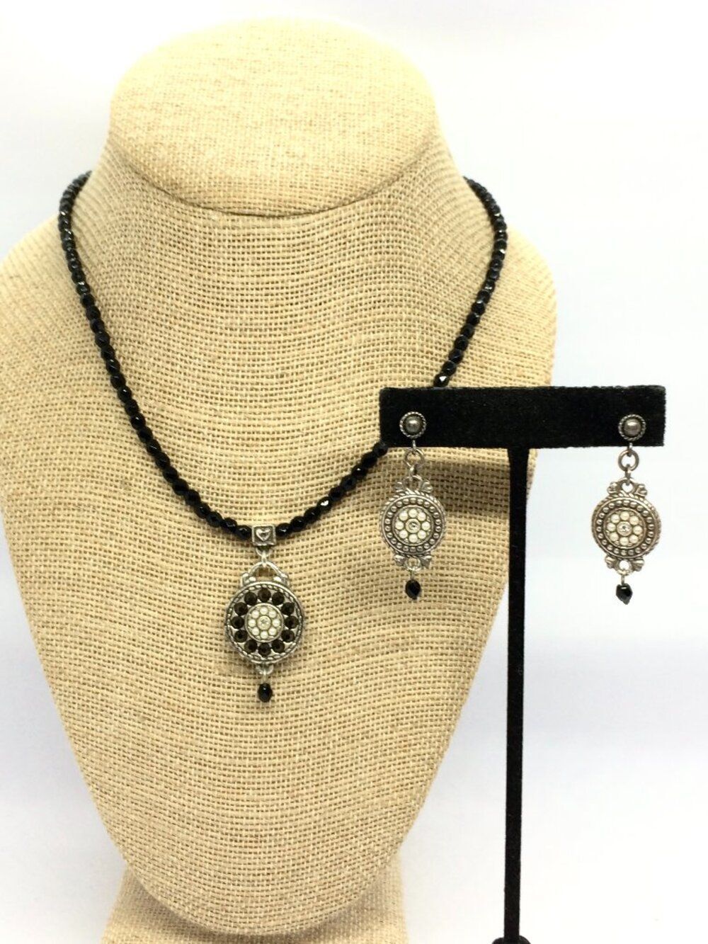 VINTAGE BRIGHTON NECKLACE Earrings Set Black Bead Faux Pearl Silver Tone Dangle